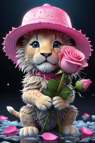 A Cat Wearing A Pink Hat and Holding A Pink Flower