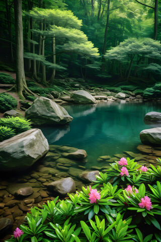 A Pond Surrounded By Rocks and Trees