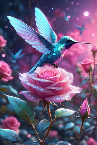 A Hummingbird Flying Over A Pink Flower