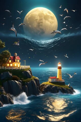 A Group Of Birds Flying Over A Lighthouse