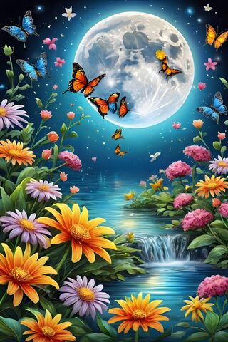 A Group Of Butterflies Flying Over A Pond With Flowers and A Moon
