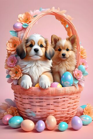 A Couple Of Dogs In A Basket With Eggs and Flowers