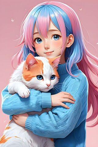 Anime Girl Hugging Her Calico Cat