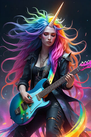 A Woman With Purple Hair Playing A Guitar