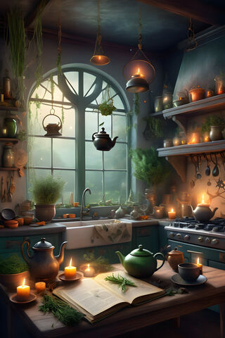 A Kitchen With A Book and Teapots