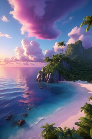 A Beautiful Blue Ocean With A Rocky Beach and Palm Trees