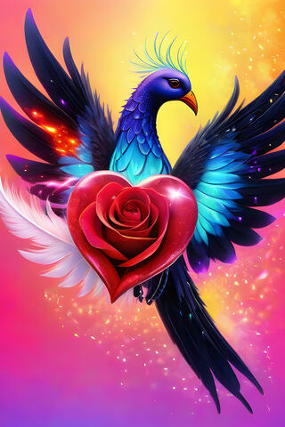 A Painting Of A Bird With A Rose In Its Mouth