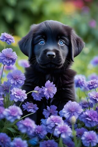 A Puppy In A Field Of Purple Flowers