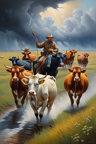 A Person Riding A Horse In A Field Of Cows