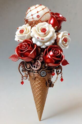A Decorated Ice Cream Cone With Roses