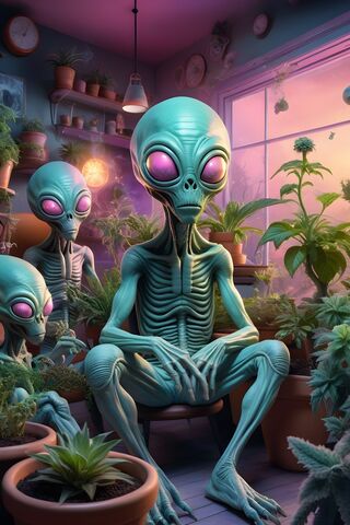 A Statue Of A Person In A Blue Garment In A Room With Plants