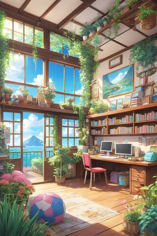 A Room With A Desk and Shelves With Plants and A Window
