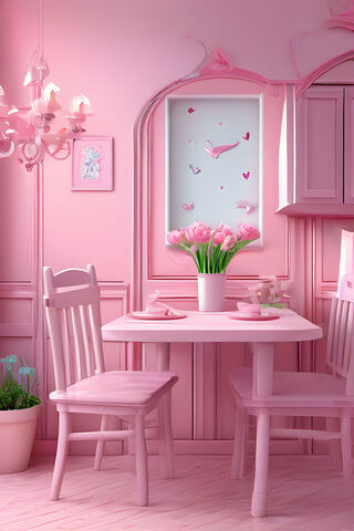 A Pink Room With A Table and Chairs