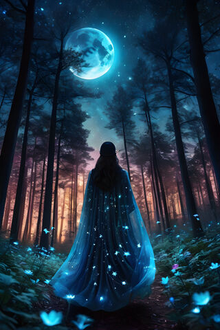 A Person In A Blue Dress In A Forest At Night
