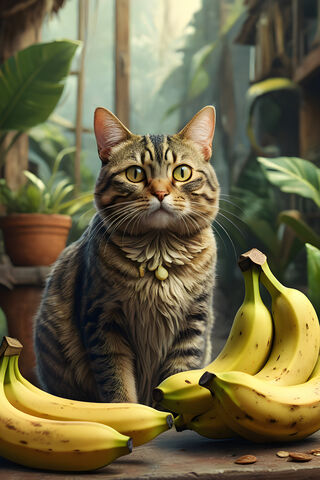 A Cat Sitting Next To A Bunch Of Bananas