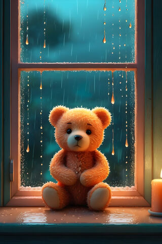 A Teddy Bear Sits In A Window