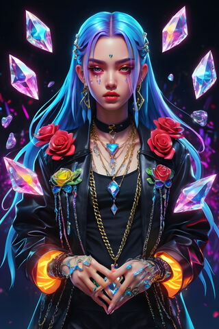 A Person With Blue Hair and A Gold Necklace With Flowers In The Hair