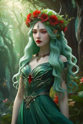 A Woman In A Green Dress With Flowers On Her Head