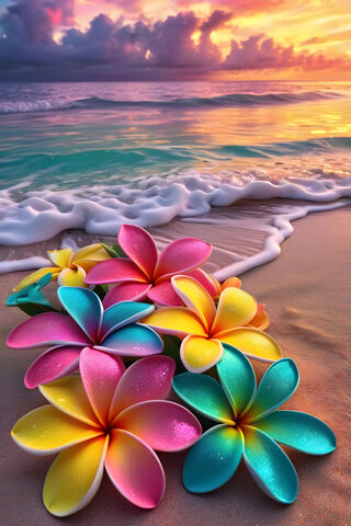 A Group Of Colorful Flowers On A Beach