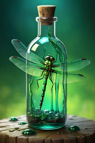 A Glass Boddle With A Green Dragonfly and Liquid In It