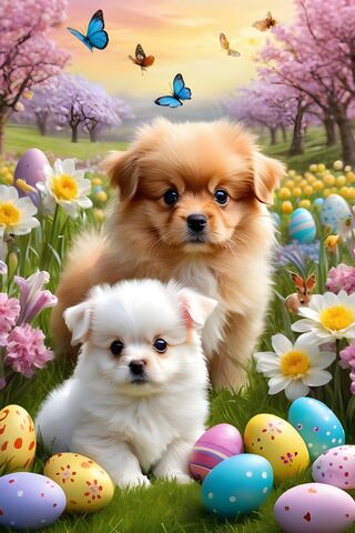 A Couple Of Puppies Springtime In A Field Of Flowers