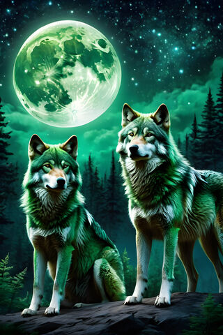 A Couple Of Wolves In Front Of A Full Moon