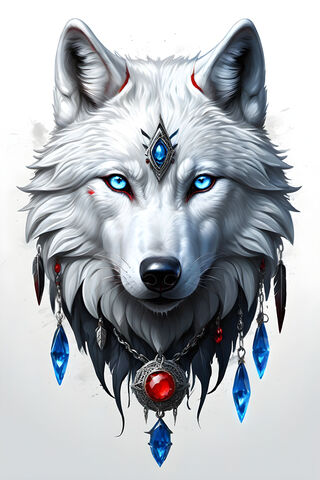 A Wolf With Blue Eyes and Blue and Red Gems