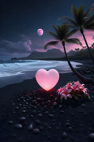 A Beach With Palm Trees and Pink Flowers