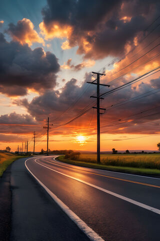 A Road With Power Lines and A Sunset