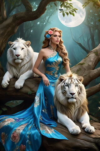 A Person In A Blue Dress Sitting On A Tree Branch With Two Lions