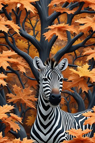 A Zebra Standing In Front Of A Tree With Orange Leaves