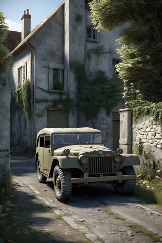Vintage Military Jeep in a Quaint Village 🚙🌿