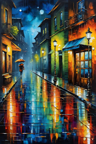A Street With Buildings and A Person Holding An Umbrella