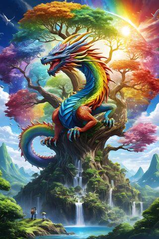 A Dragon With A Rainbow and A Fountain In The Background