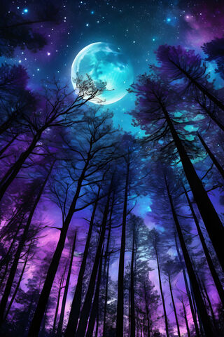 A Group Of Trees With The Moon In The Background