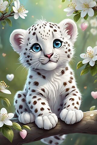 A White and Black Spotted Cat With Blue Eyes and White Flowers