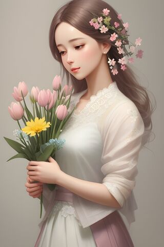 A Girl Holding Flower and Looking At It
