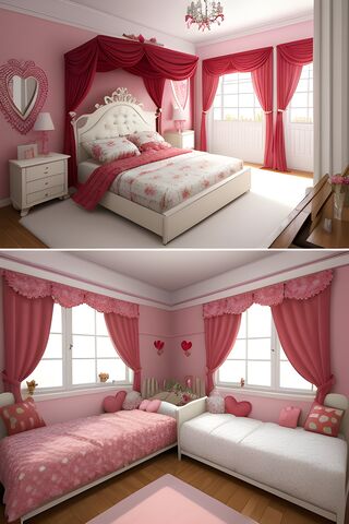 A Bedroom With A Bed and Pink Curtains