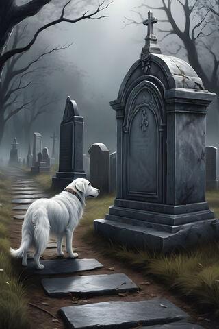 A Poor Dog Looking At Its Own Tombstone Wondering What Happened.