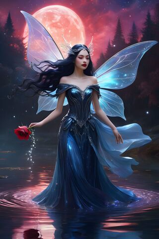 A Person In A Blue Dress With Wings and A Red Flower In The Hand