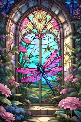 Arched Stained Glass Dragonfly