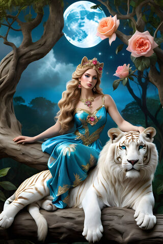 A Person In A Blue Dress Sitting On A Lion Statue
