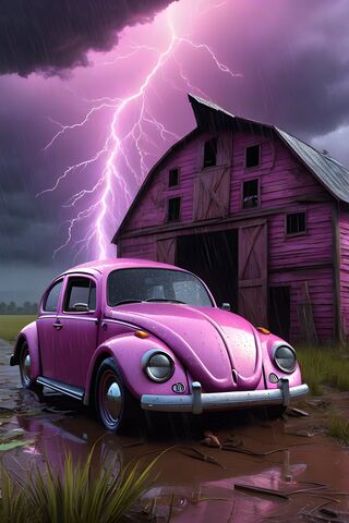 A Pink Car Parked In Front Of A House With A Lightning Bolt