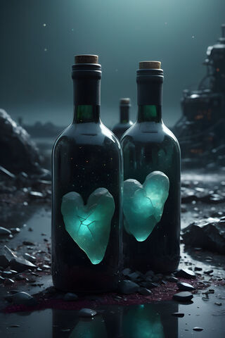A Couple Of Glass Bottles With Puffed Hearts