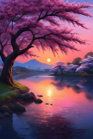 A Tree With Pink Flowers Next To A Body Of Water