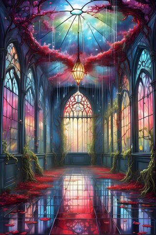 A Room With A Large Chandelier and A Large Stained Glass Window