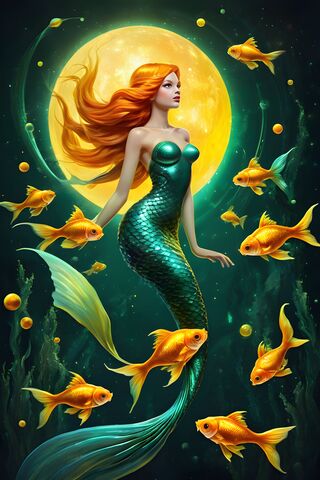 A Person In A Mermaid Garment Surrounded By Gold Fish