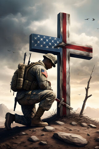 A Soldier In Front Of A Flag