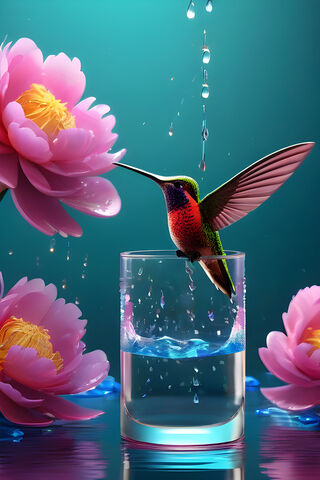 A Hummingbird Flying Over A Vase Of Pink Flowers