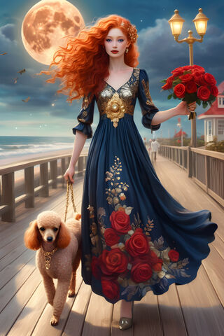 A Woman In A Dress With A Dog On A Boardwalk